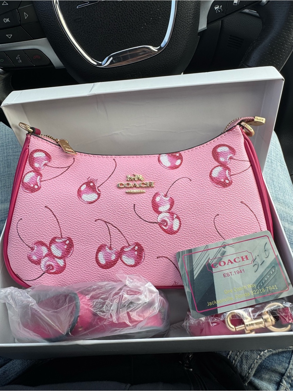 COACH Pink Cherry-Print Leather Crossbody Shoulder Bag